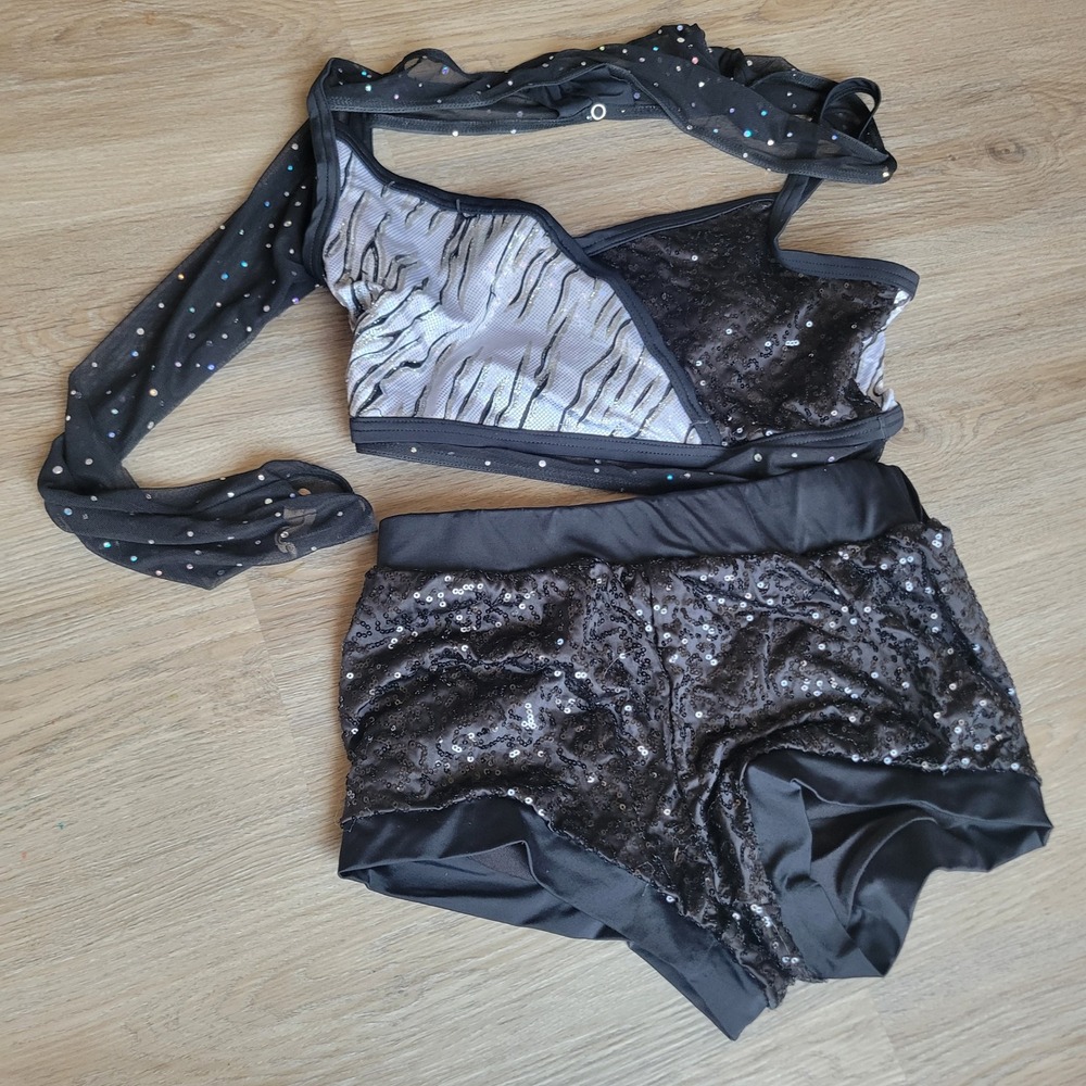 Women Dance Costume Set Small Black Silver Zebra Sequin Performance Jazz Stageโ
